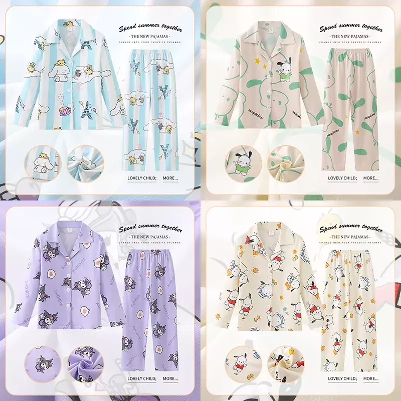 2024 Kawaii  Spring Autumn Children Pajamas Anime Kuromi Cinnamoroll Pochacco Boy Girl Milk Silk Sleepwear Kids Loungewear