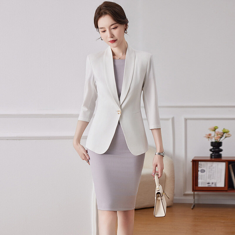 Setelan pakaian kerja kantor wanita, setelan Dress bisnis Formal elegan dengan atasan dan Dress Blazer profesional musim semi dan panas