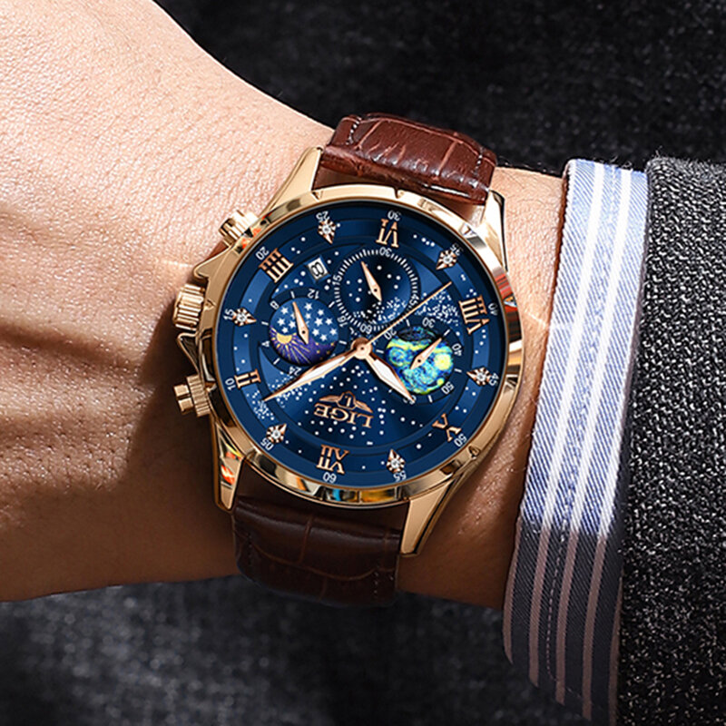LIGE jam tangan kuarsa untuk pria, arloji merek terbaik mewah kasual kulit olahraga bisnis tahan air dengan fitur tanggal