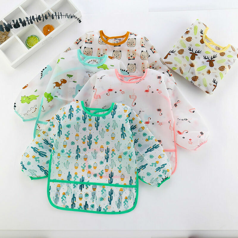 Baru Lucu Anak-anak Bayi Anak Balita Tahan Air Lengan Panjang Seni Baju Makan Bib Celemek Cocok 0-6 Tahun
