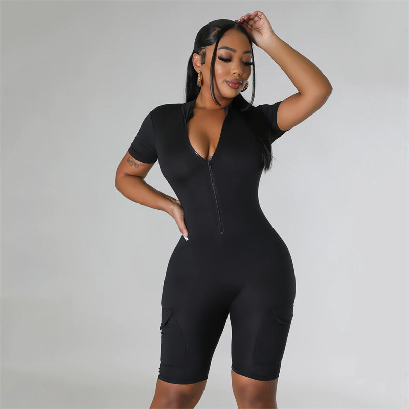 Solid Color Sporty Fitness Playsuit Women Moto Biker Shorts Stretchy Skinny Romper Active Wear Workout One Piece Jumpsuits Short