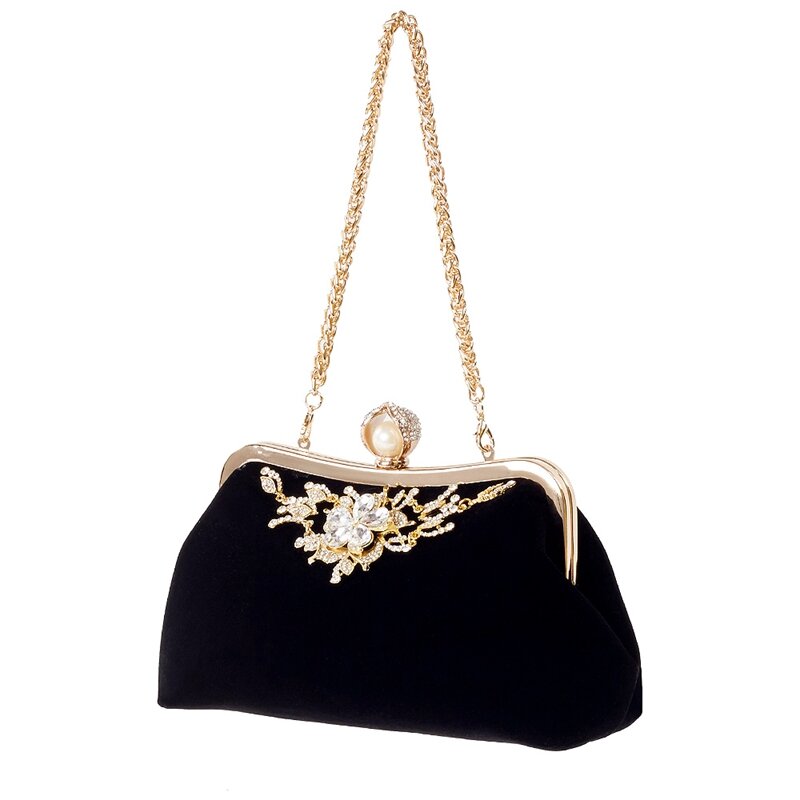 Kobieta perła diamentowa torebka Vintage kryształ kwiat torba wieczorowa wesele panna młoda kopertówka torebka (czarny)