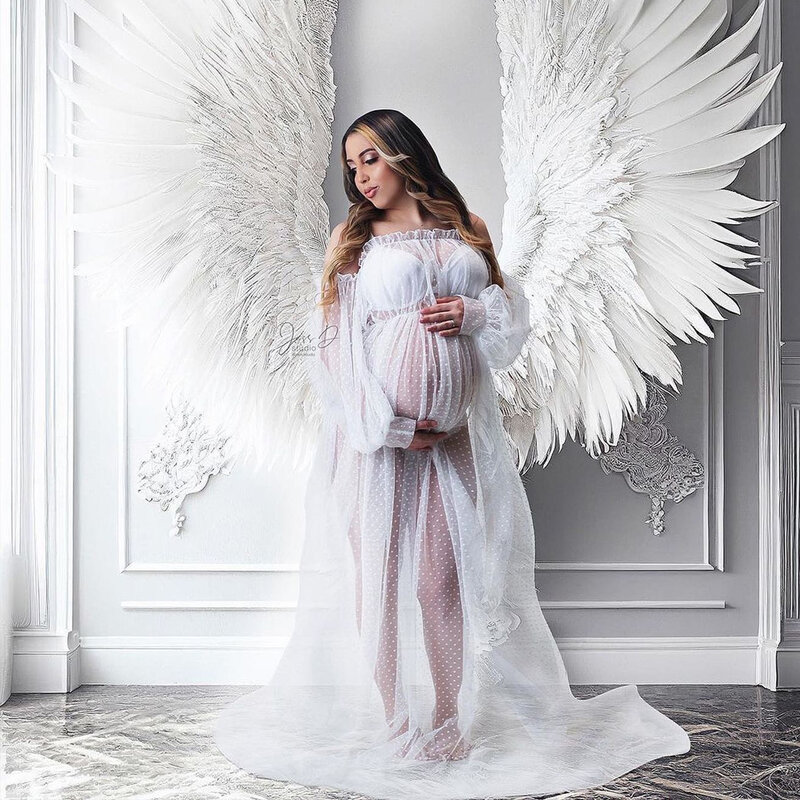 Suknia fotograficzna ciążowa jednorzędowa bez ramion przezroczysta koronkowa sukienka Baby Shower sesja zdjęciowa dodatki do sukni ślubnej