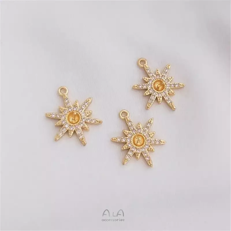 14K Gold Plated Micro Set Zircon Mang Star Snowflake Half Hole Pearl Holder Pendant DIY Star Pendant C093