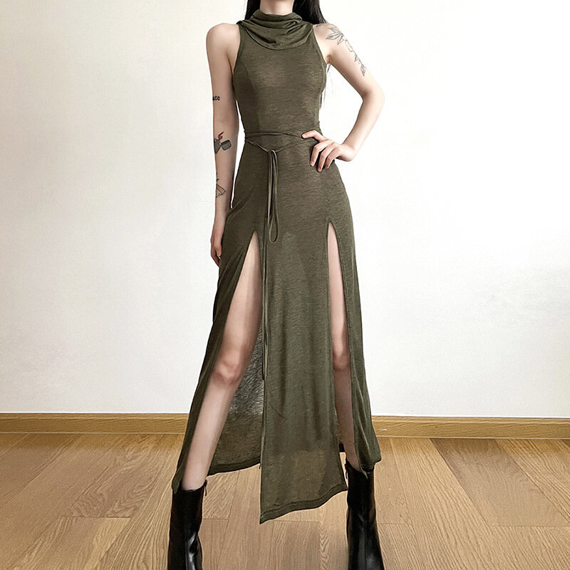 Goth Dark Cyber Gothic Desert Walker Hooded Dresses Y2k Punk Grunge Hollow Out Midi Dress Women Sexy Split Side Solid Streetwear