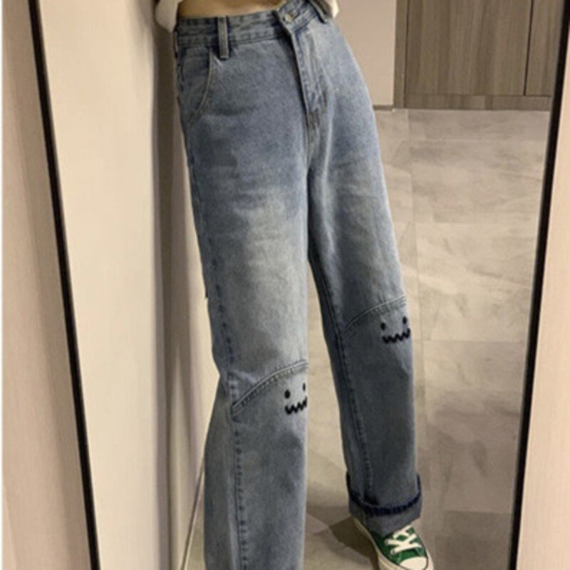 2024 baru modis dan ukuran populer celana Jeans sulaman wanita Retro longgar lurus kaki lebar pelajar panjang