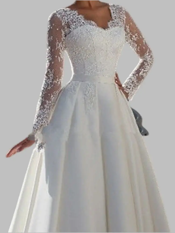Elegant chiffon wedding dress, V-necklace, see-through net, double shoulder, backless, decal, large train