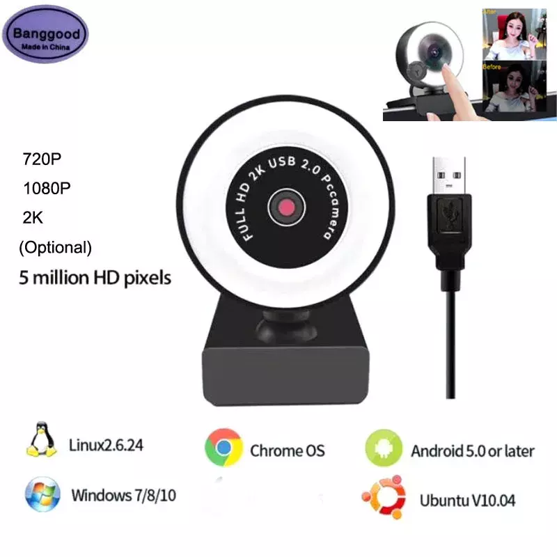 Webcam HD 720P/1080P/2K pour ordinateur PC, 5 millions de pixels, caméra pour appels vidéo avec réduction du bruit et lumière d'embellissement