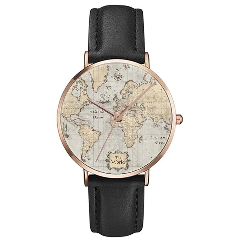Reloj de moda para mujer, correa de cuero con mapa del mundo de oro rosa
