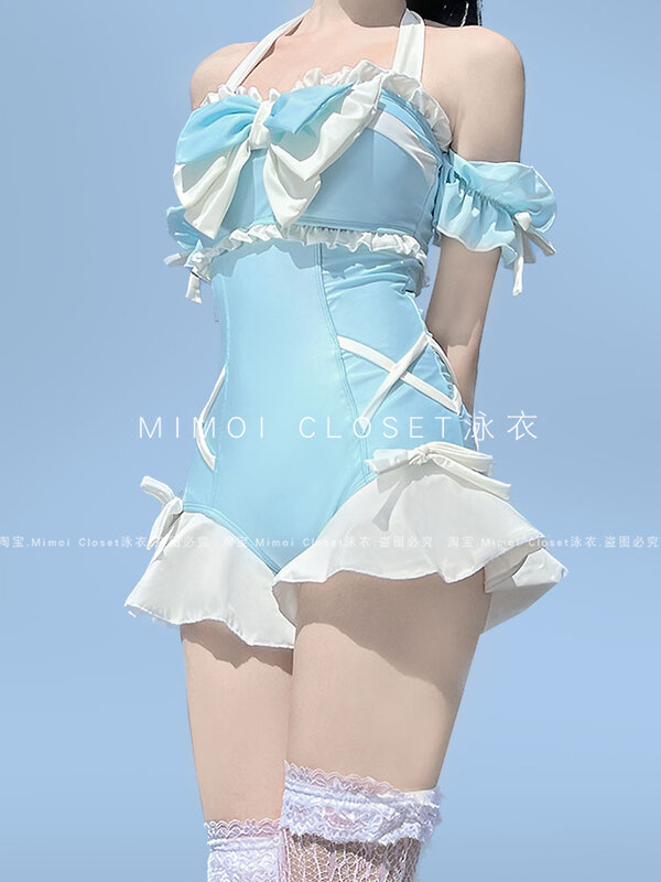 Costume da bagno donna 2024 estate nuovo stile giapponese Lolita Bow Girl Cute Blue costume da bagno balze Stitching Halter costume da bagno