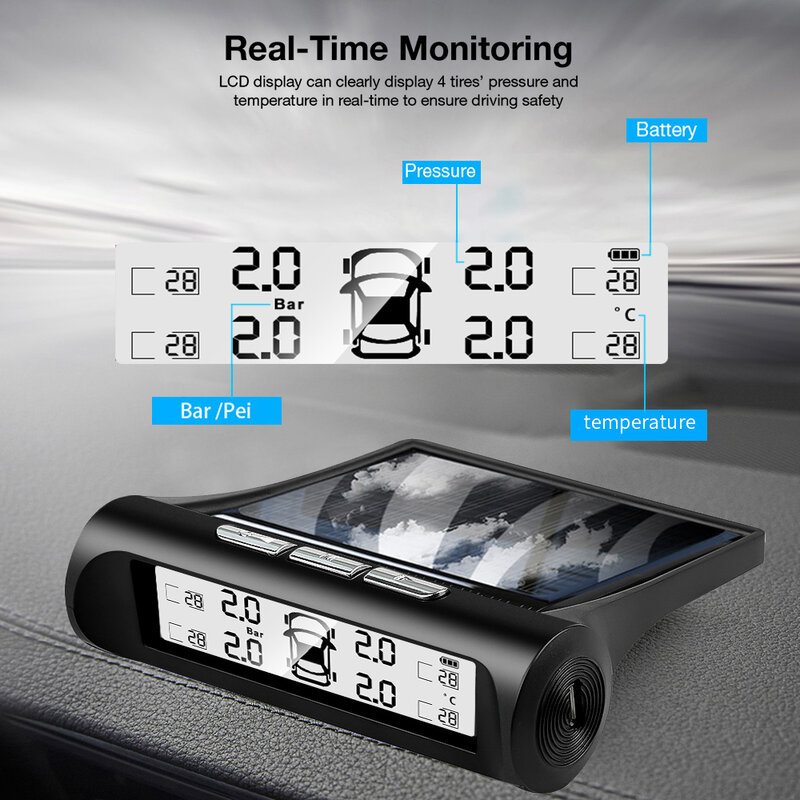 Alarma de presión de neumáticos TPMS de energía Solar para coche, 4 sensores externos, pantalla Digital, probador automático, sistema de monitoreo de advertencia