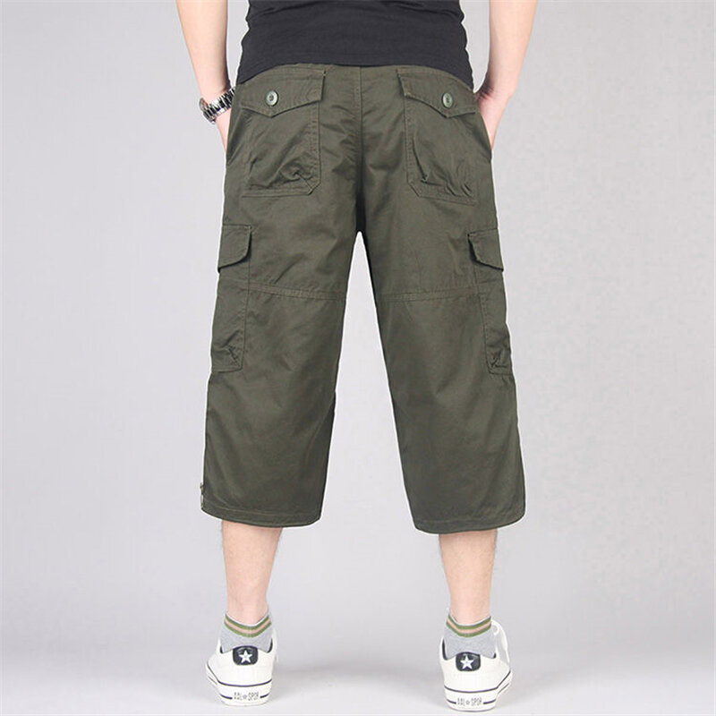 Summer Men Loose Long Length Cargo Shorts Multi-Pocket Casual Cotton Elastic Pants Fashion Men Tactical Shorts