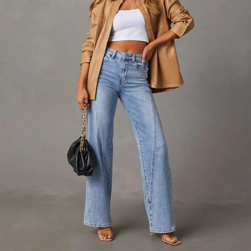 A Retro Washed Wide Leg Pants Women Summer Patchwork High Waisted Slimming Casual Loose Women Jeans