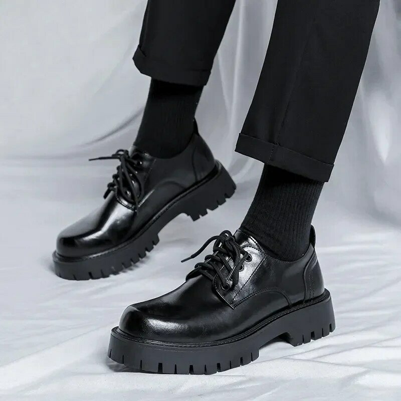 Men Korea Leather Platform Oxfords Slip On Thick Tottom For Male Derby Shoes Casual Loafers Mens Square Toe Formal Dress Shoes