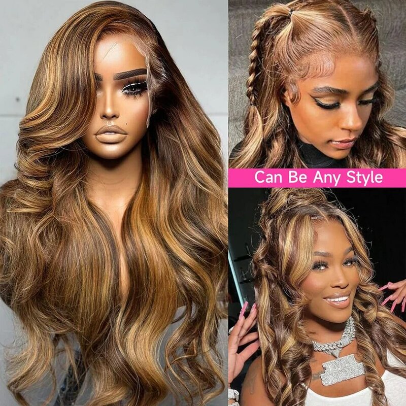 Perruque Lace Front Wig Body Wave naturelle, cheveux humains, balayage ombré, brun blond HD, 13x4, 4/27