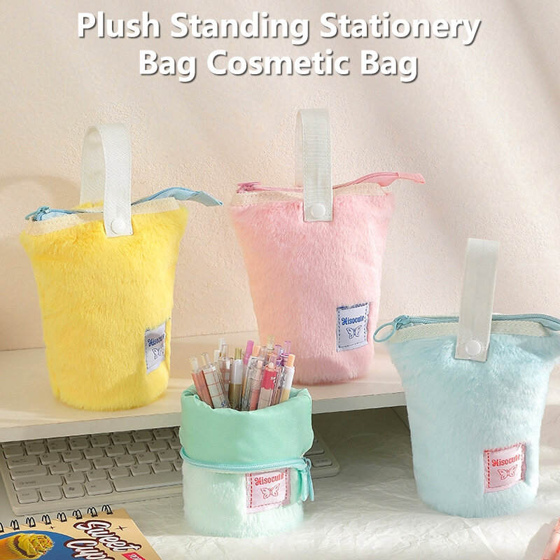 Plush Standing Pen Holder Solid Color Pencil Case Large Capacity Lipstick Storage Cosmetic Bag Portable Stationery Pouch