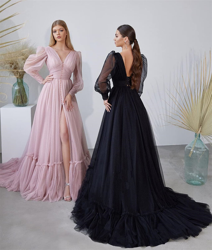 Elegant V Neck Tulle Off-the-Shoulder Evening Dress High Slit Backless Lace-up Button Illusion Long Sleeve Pleated Ball Gowns