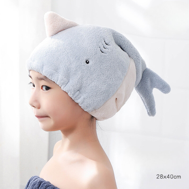 Topi mandi handuk rambut hiu lucu cepat kering untuk wanita topi rambut kering lembut untuk wanita Turban anak dewasa topi rambut kering hiu