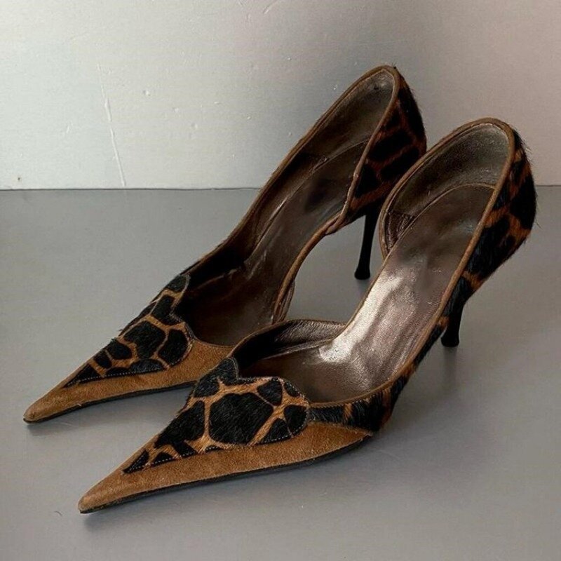 섹시한 레오파드 무늬 포인티드 토 스틸레토 하이힐, 하이 퀄리티 오피스 슈즈, 용수철 편안한 슬립온 여성 신발, 2024 신상