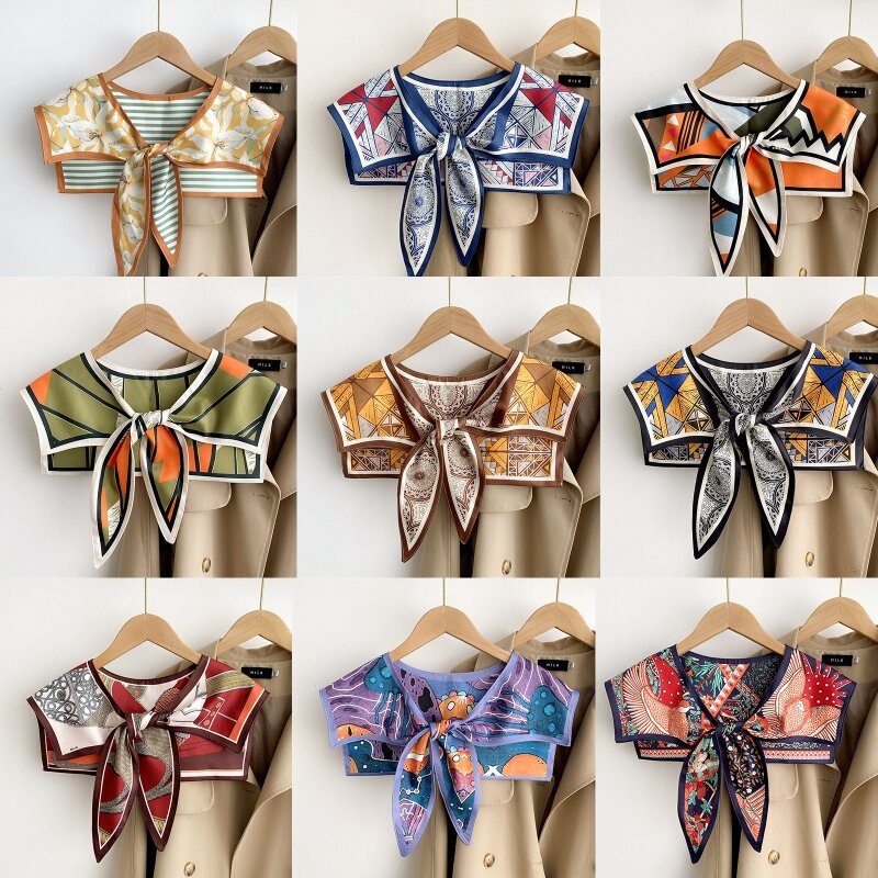 Women Summer Spring Elegant Silky Scarf Detachable Collar Vintage Abstract Colorful Print Shawl Wrap Neckwear Tie Knot Front Shr