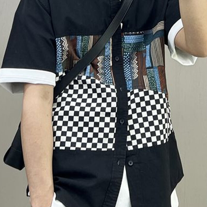 Летняя новая модная рубашка с отложным воротником и короткими рукавами, мужской повседневный Свободный кардиган в стиле High Street на пуговицах, универсальные топы с принтом Y2K