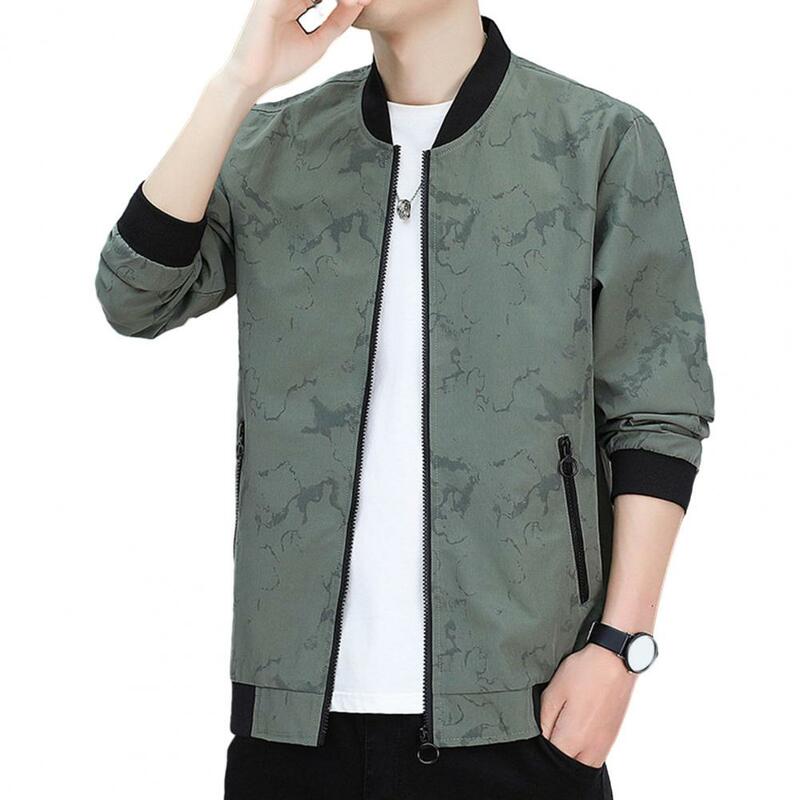 Men Spring Fall Jacket Stand Collar Smooth Zipper Men Jacket Pockets Loose Casual Camouflage Print Men Mid Length Coat