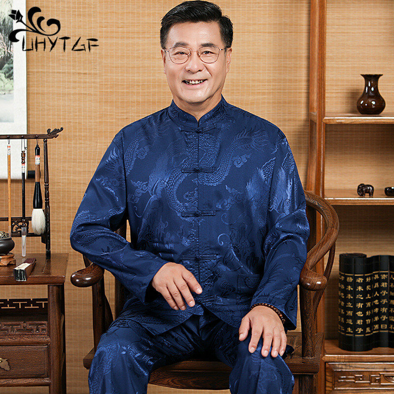 Hot Sale New Chinese Traditiona Men Silk Satin Kung Fu Suit Tang Suit Sets Long Sleeve Jacket Pants Dragon Wu Shu Tai Chi Sets