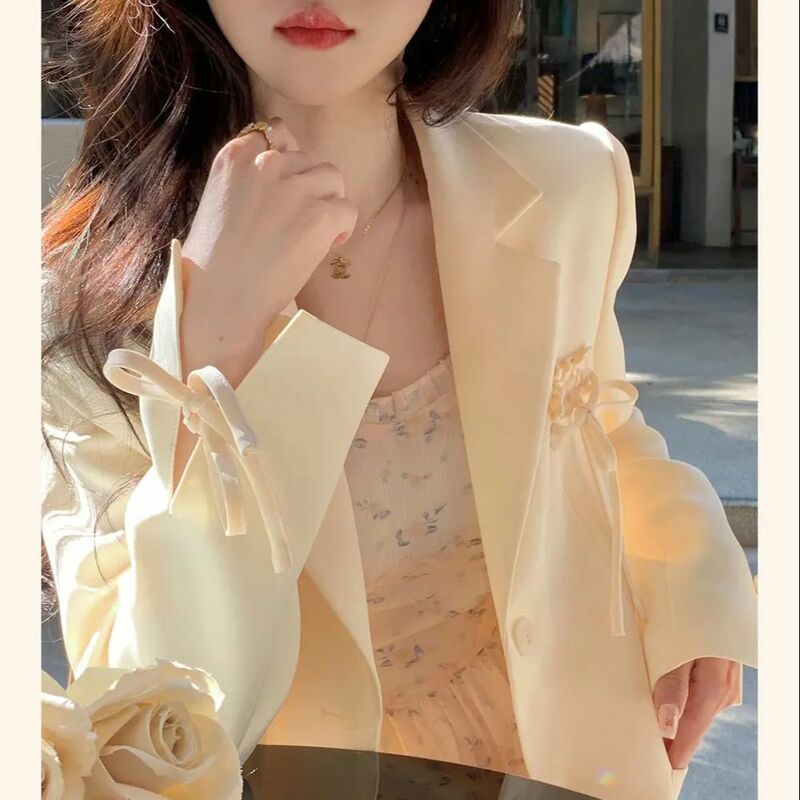 Lapel Blazer Lace Up Korean Sweet Hot Girl Tailored Coat For Women'S Autumn Casual Long-Sleeved Jacket Fashion Female Clothes