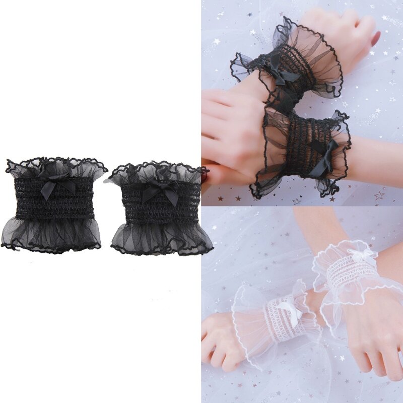 652F Japanese  Sweet Shirred Elastic Wrist Cuffs Solid Color Ruffled Lace Bowknot Bracelet Wristband Anime Hand Sleeves