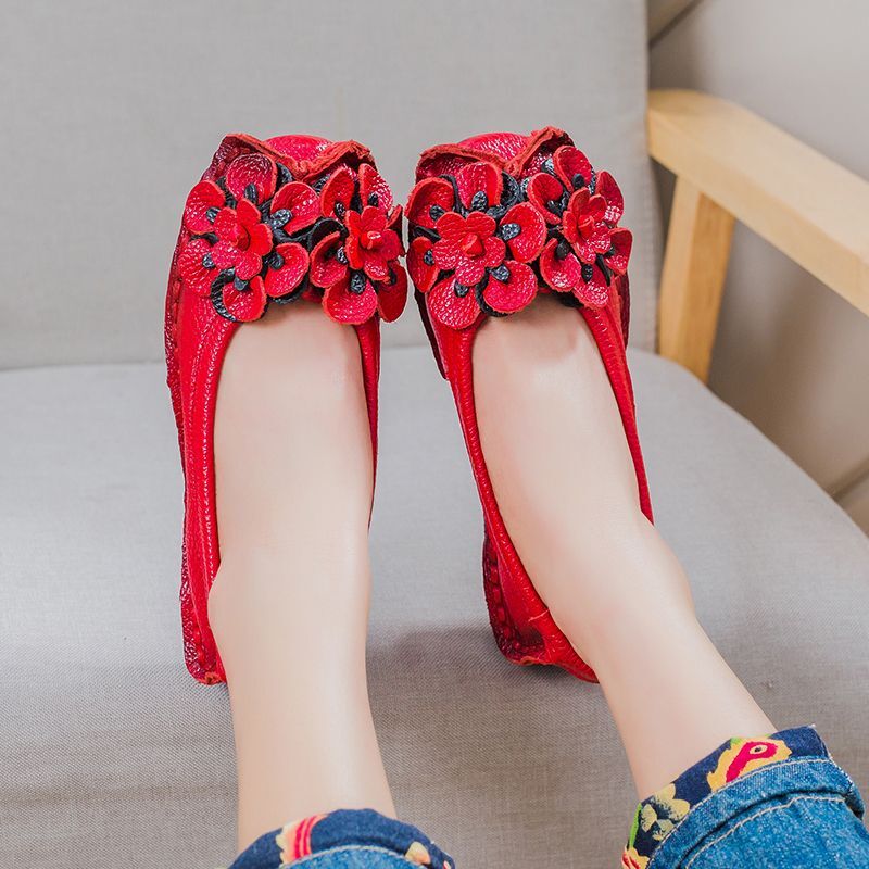 Top quality red floral genuine leather flats woman desginer blooming shallow moccasins retro luxury brand red mules