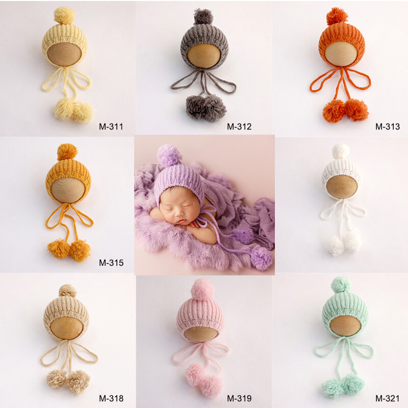 Baby Photography Fur Ball Cap, Infantil Boy Girl Hand Knitted Headwear, Decoração de chapéu macio recém-nascido, Studio Props Acessórios