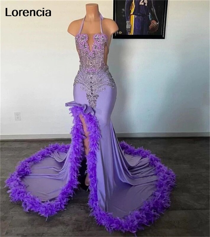 Lorencia-黒の女の子のための紫色の羽の人魚のプロムドレス、レースアップリケビーズ、フロント分割パーティードレス、ypd83