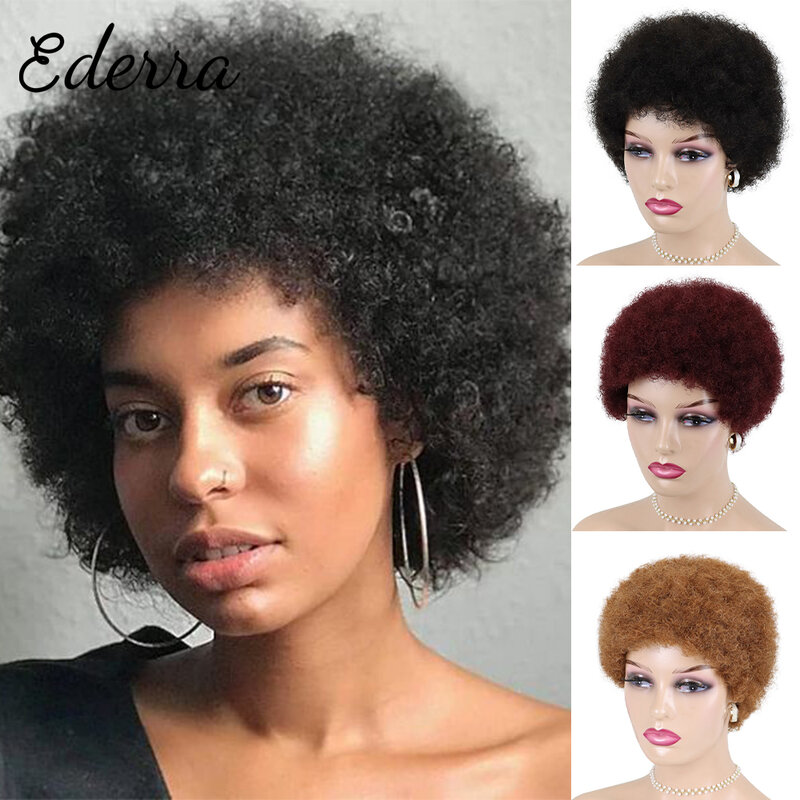Perruque Afro Naturelle Crépue Bouclée pour Femme, Cheveux Courts, Prêt à vitation, Noir Bordeaux Vin, Machine Complète