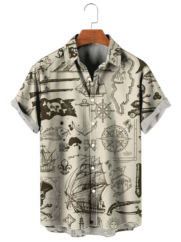 Camisa de manga curta impressa em 3D para navegação masculina, botão de lapela masculino, roupas masculinas, moda casual, camiseta extragrande, blusa vintage
