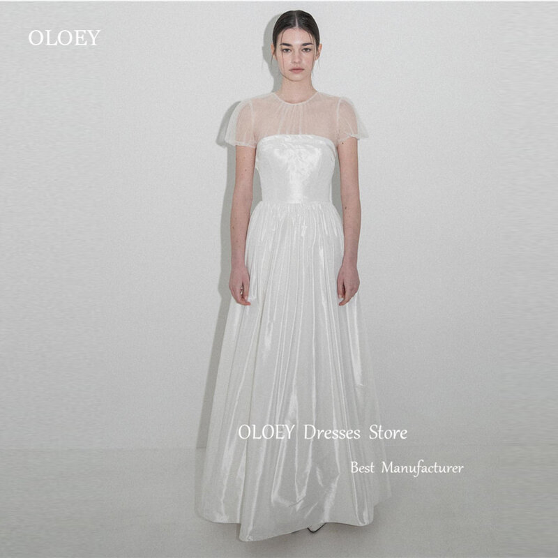 OLOEY-simples vestidos de casamento A-Line, vestidos de casamento coreano, mangas curtas, O-Neck tafetá, até o chão, vestidos nupciais, Party Photo Shoot, Vintage