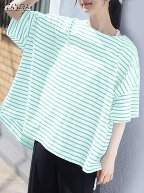 Zanzea Vrouwen Koreaanse Mode T-Shirt Gestreepte Oversized O-Hals Blusas Casual Losse 2024 Zomer Streetwear Blouse Tops