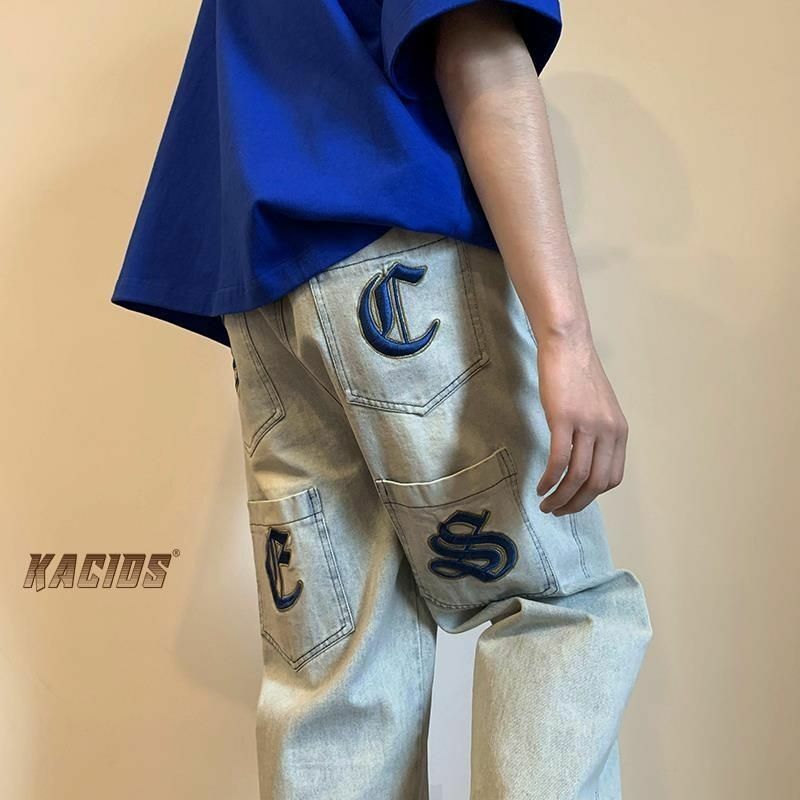 Bordado drawstring jeans y2k retro masculino solto rua hip-hop esfregando calças tendência em linha reta casual impressão moda calças