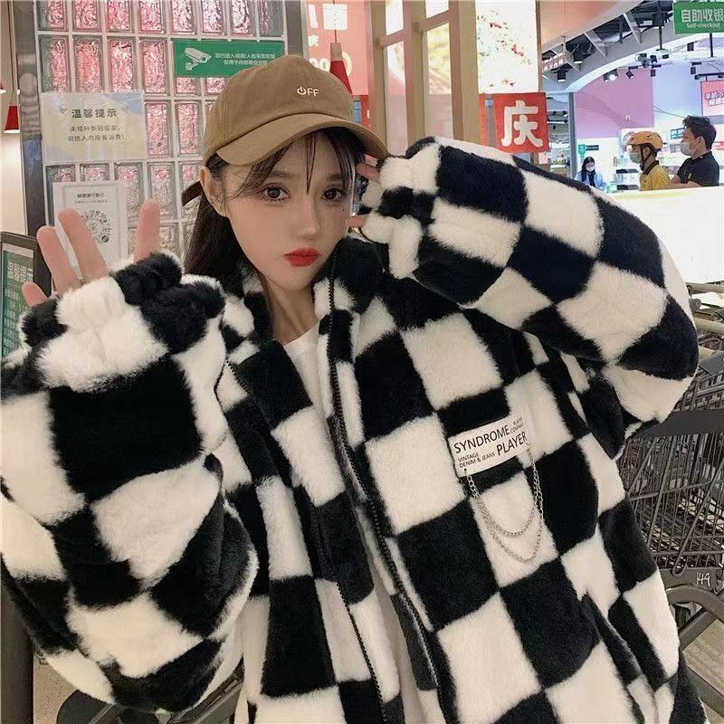 Thick wool lamb checkerboard jackets women's autumn and winter casual Korean style all-match lazy wind mid-length jacket tops