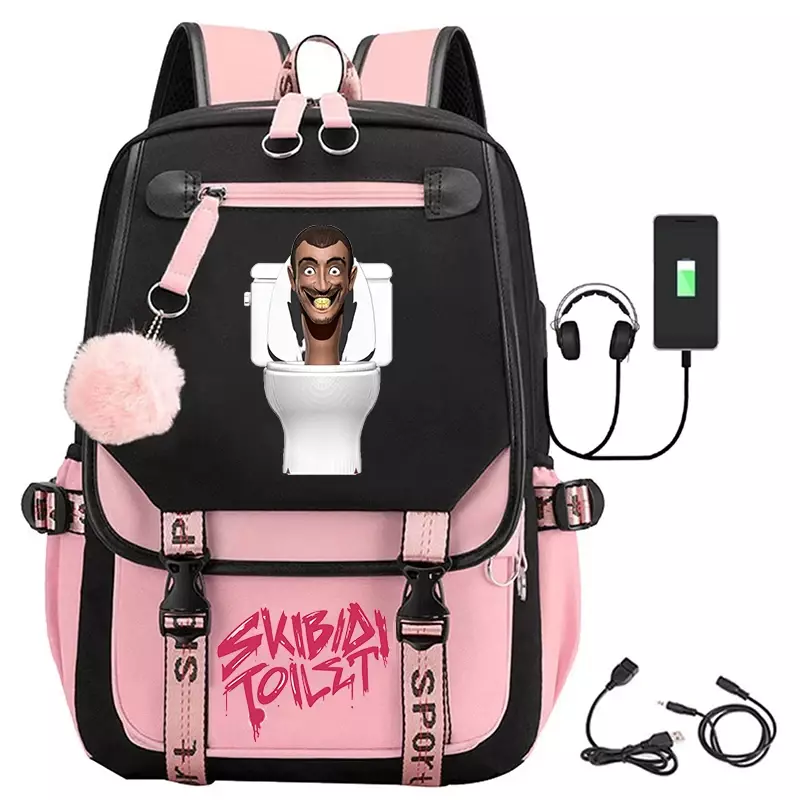 Skibidi 변기 USB 충전 배낭 십대 소녀 학교 가방, 대용량 여행 스포츠 휴대용 학생 책가방