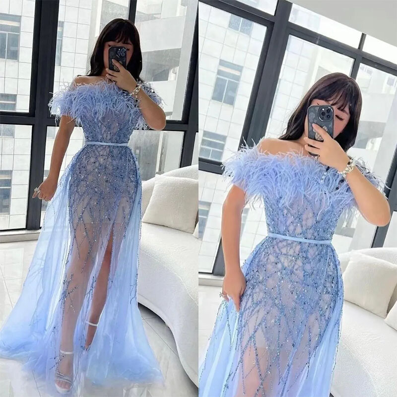 Sky Blue Mermaid Evening Dresses Elegant Feathers Off Shoulder Prom Dress Front Split Beaded Crystal Formal Dresses for Women