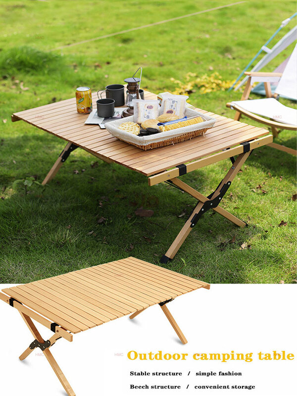 ポータブル折りたたみ式木製ロールテーブル,ピクニック用多機能テーブル,持ち運びが簡単,屋外での使用に最適