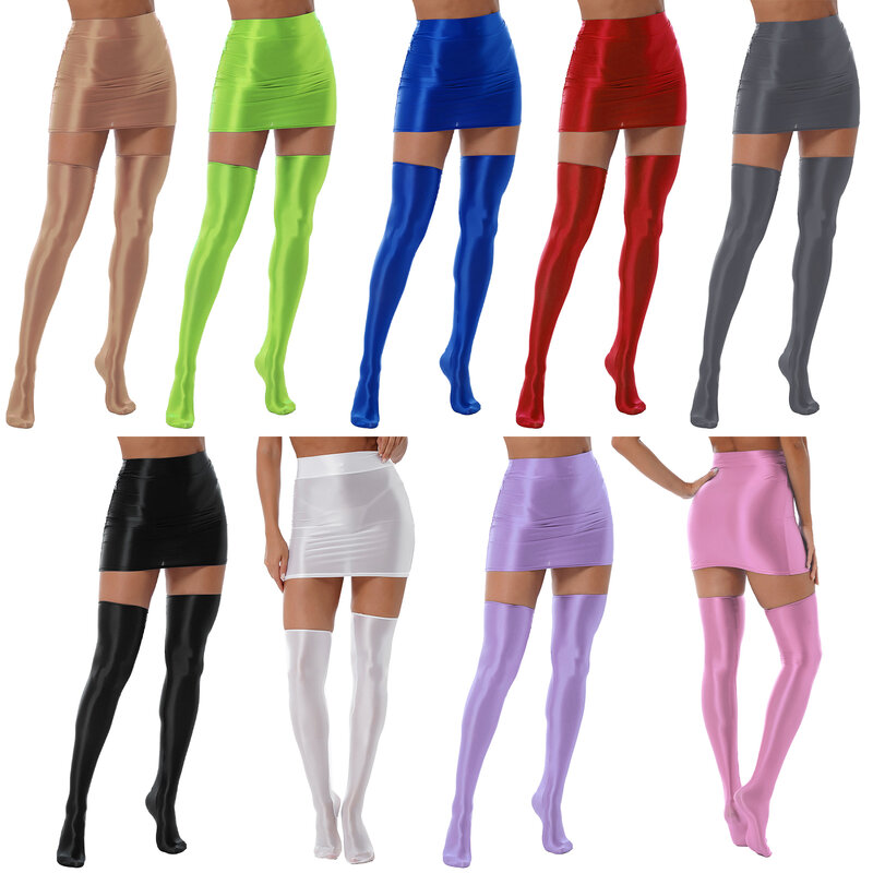 Womens Glossy Solid Color Lingerie Suit Nightclub Outfit High Waist Mini Skirt with Stockings