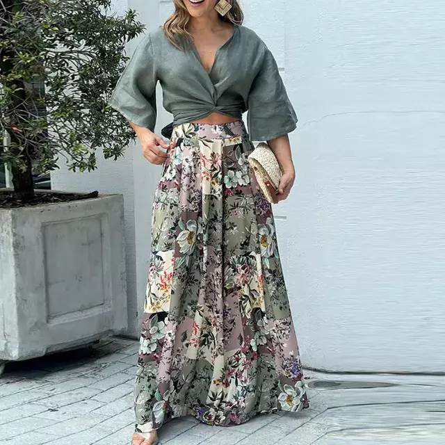 Elegant Floral Print Two Piece Outfits Sexy Lady Twist Knot Belt Tops Shirt& Pleat Pants Sets 2023 Women Half Sleeve Loose Suit