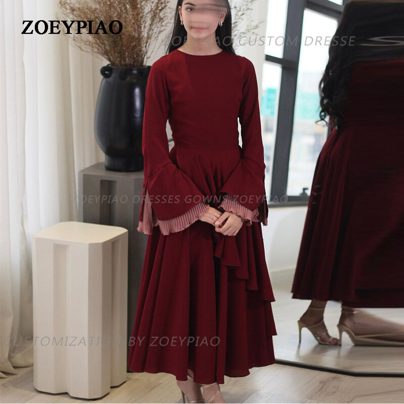 Gorgeous Burgundy A Line Prom Dress Satin Arabic Gowns O Neck Full Sleeves Robes Formal Event Vestidos De Gala Dresses 2024