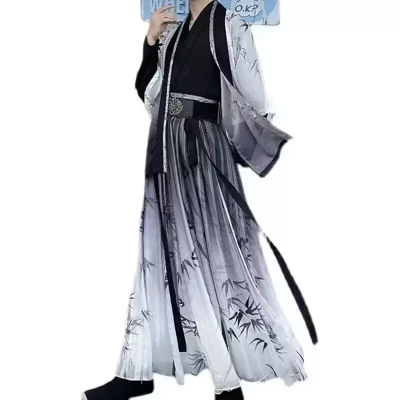 Hanfu 3XL ผู้ชายชุดคอสเพลย์ฮาโลวีนแบบดั้งเดิมจีนโบราณลายไม้ไผ่สีเทาและสีดำ4ชิ้นขนาดใหญ่พิเศษ