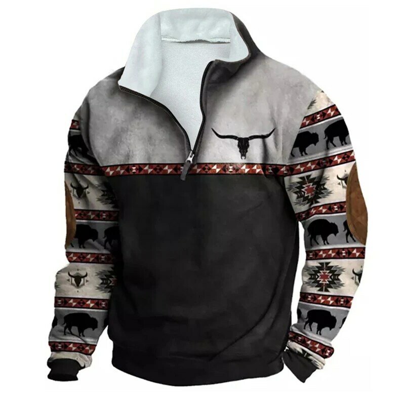 Fashion Mens Fleece Sweatshirts 2023 New Casual Turndown Collar Pullover Long Sleeve Winter Wool Lining Mens 3D Print Sweatshirt