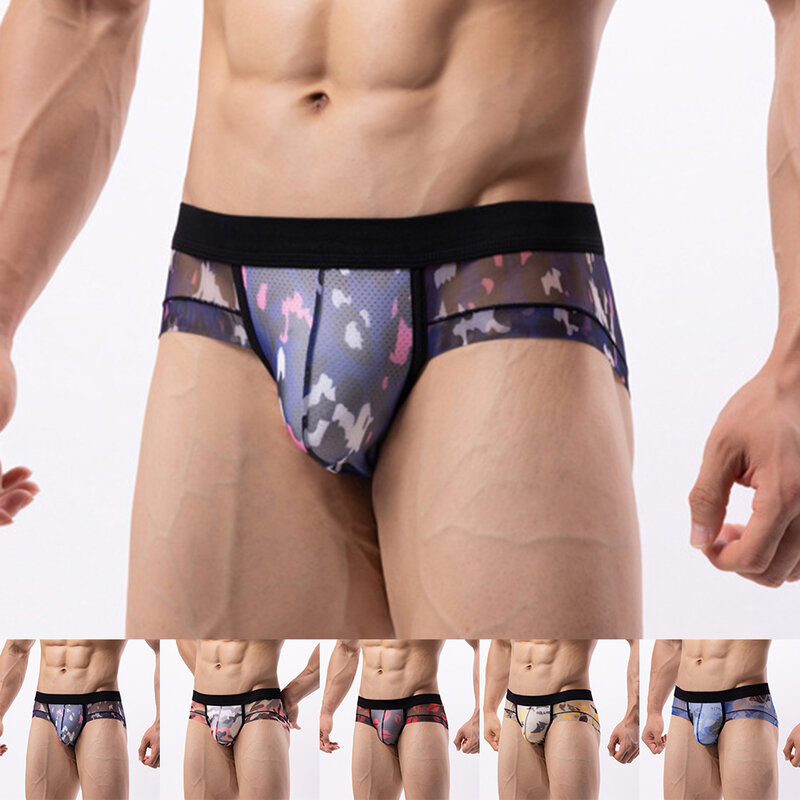 Men Sexy Underwear  Printed Mesh Briefs  Low Waist U Pouch  Soft Polyester Fabric  Available in Red Khaki Blue Pink Purple