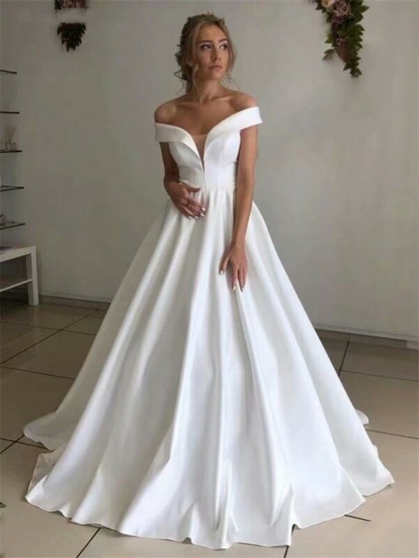 Женское атласное свадебное платье, простое платье с открытыми плечами для невесты