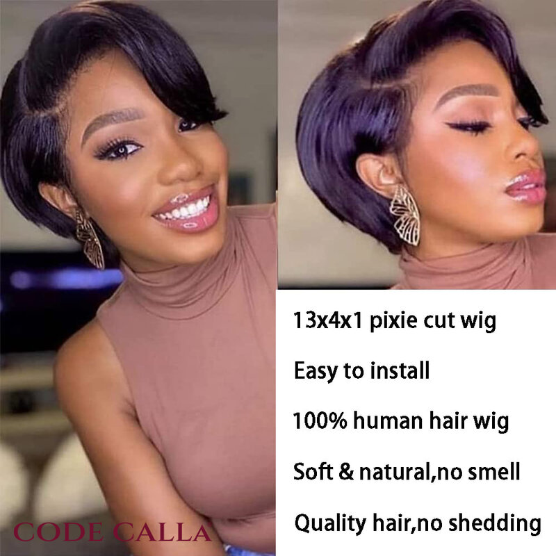 コードcalla-黒人女性のためのperukan人間の髪の毛のかつら、短いピクシーカット、ストレートヘア、機械製