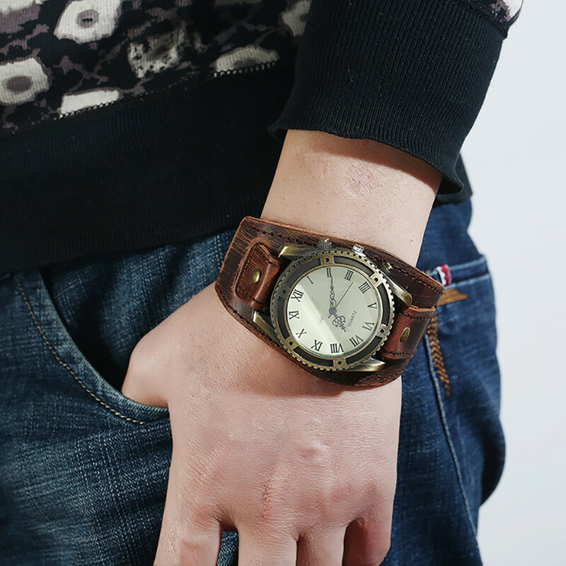 Reloj de pulsera de cuarzo para hombre, cronógrafo con correa de cuero y hebilla Simple, estilo Punk y Retro, a la moda